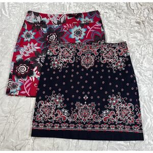 Talbots Set of 2 Mini Skirts Floral Mandala Print Navy Blue Red Pink Size 8